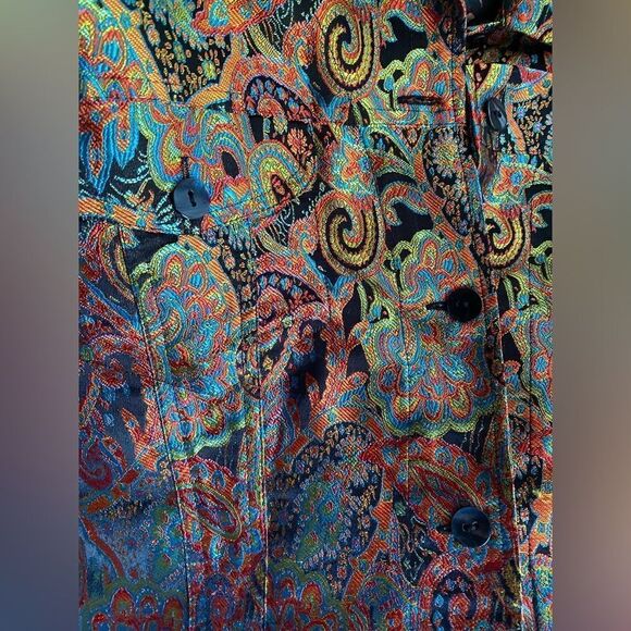 Chico's Jacket Womans Sz M Silk Blend Paisley Multicolor Metallic Button Pocket - Picture 4 of 16